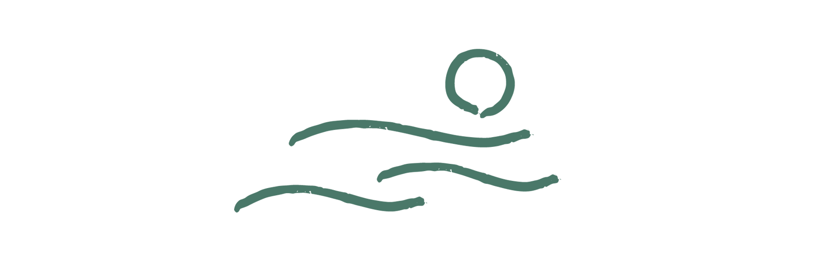 A minimalistic line drawing of a person swimming in water with a sun above.