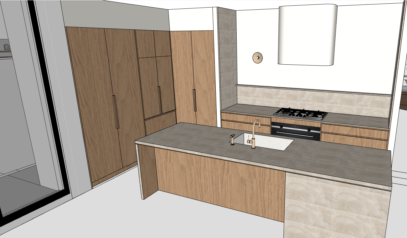 A modern kitchen with wooden cabinets, a grey countertop, a built-in stove, and a white sink. There is a large cabinet on the left and a rounded range hood above the stove.