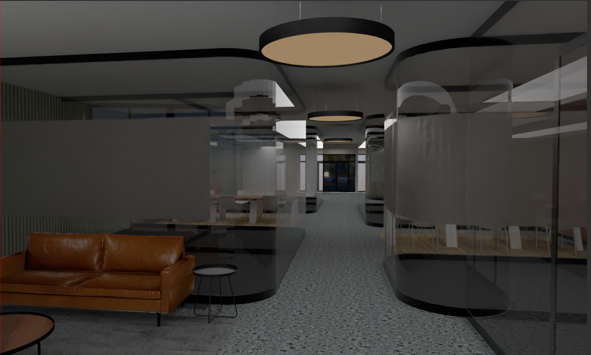 Modern office lounge area with a brown leather sofa, black side tables, and glass partition walls, with a corridor leading to a door at the back.