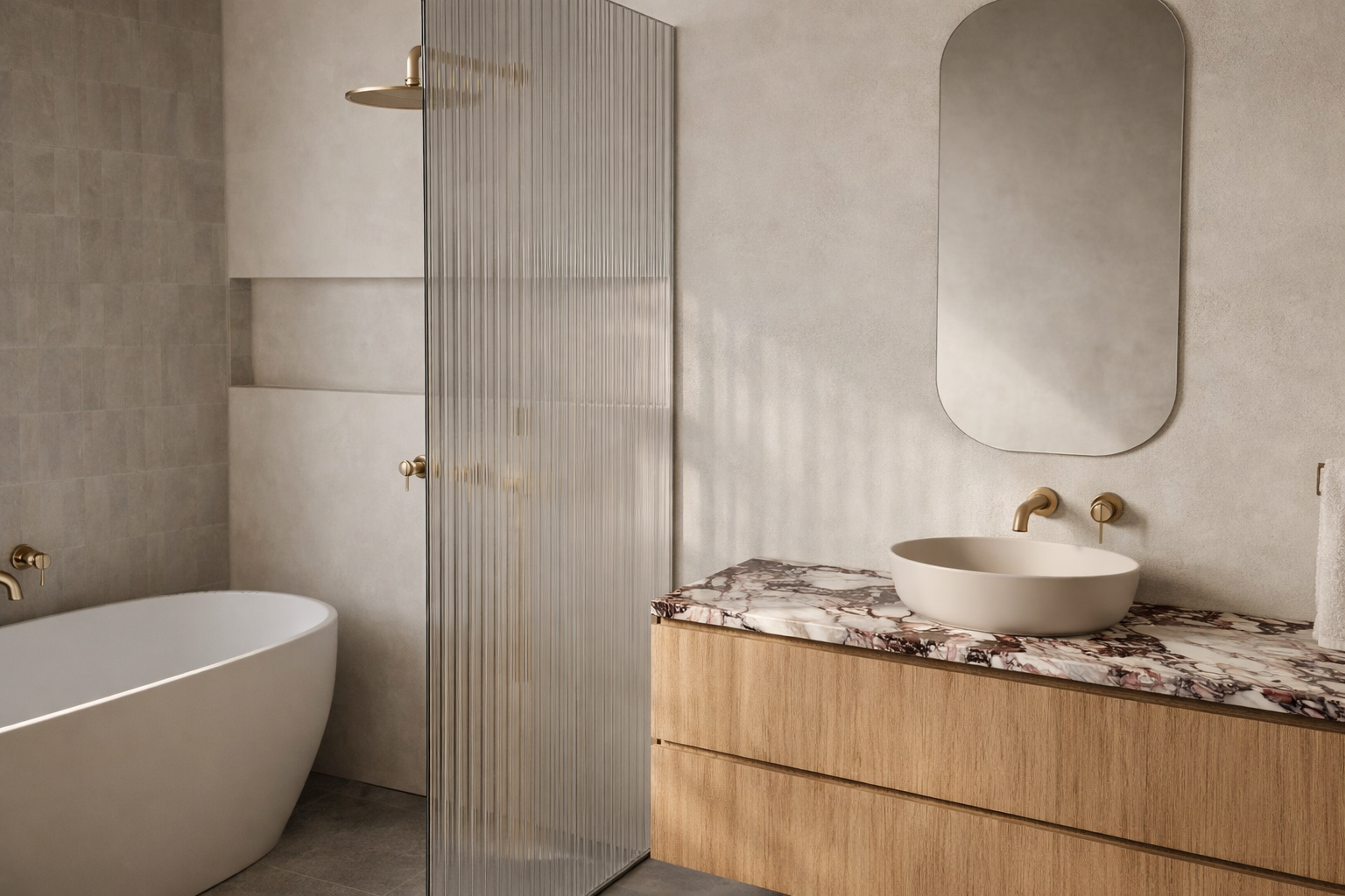 Modern bathroom with a freestanding bathtub, a wooden vanity with a marble top, a vessel sink, a mirror, and a glass shower door.