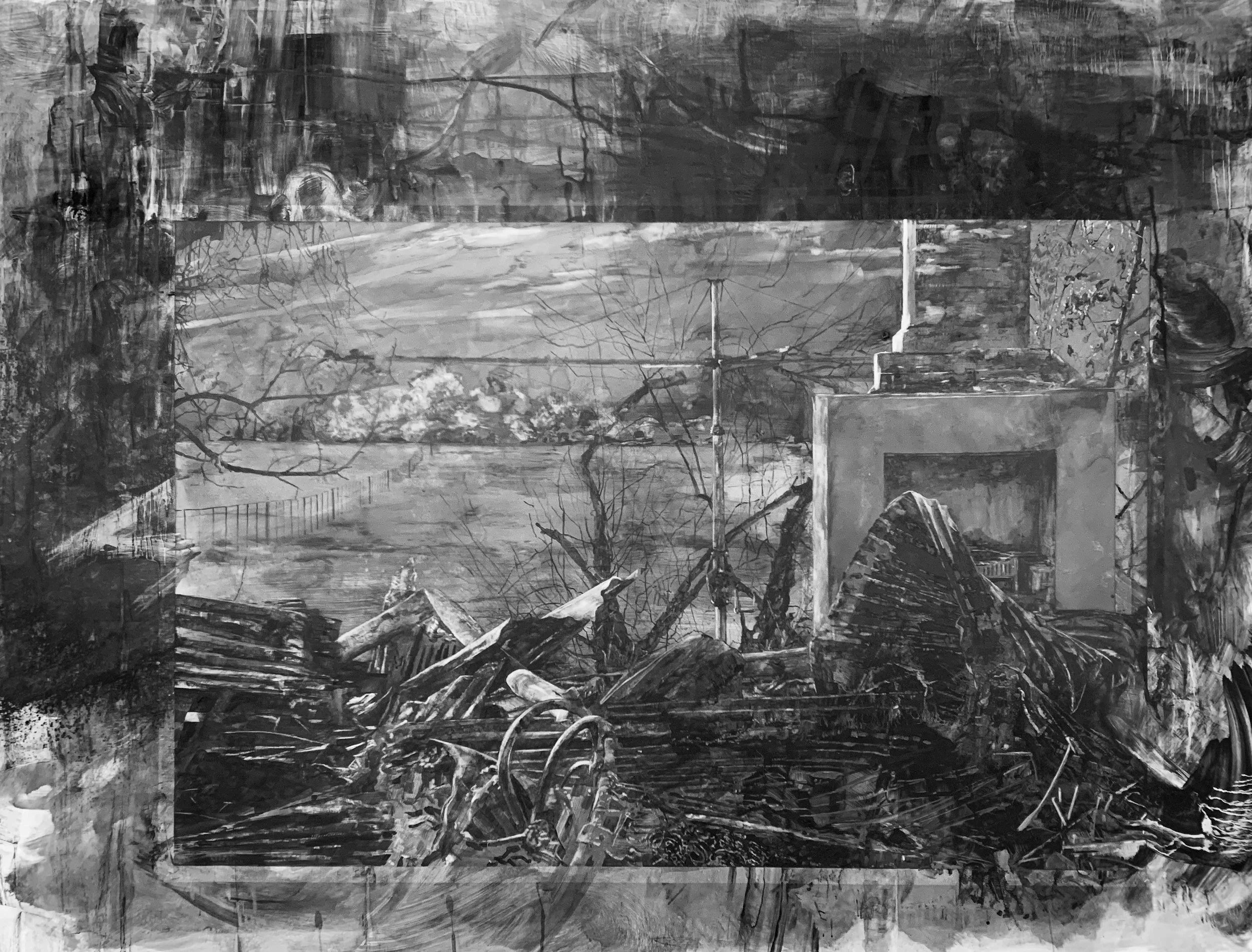 Abstract monochrome painting with brushstrokes, lines, and textures, depicting the remnants of a house after a bushfire