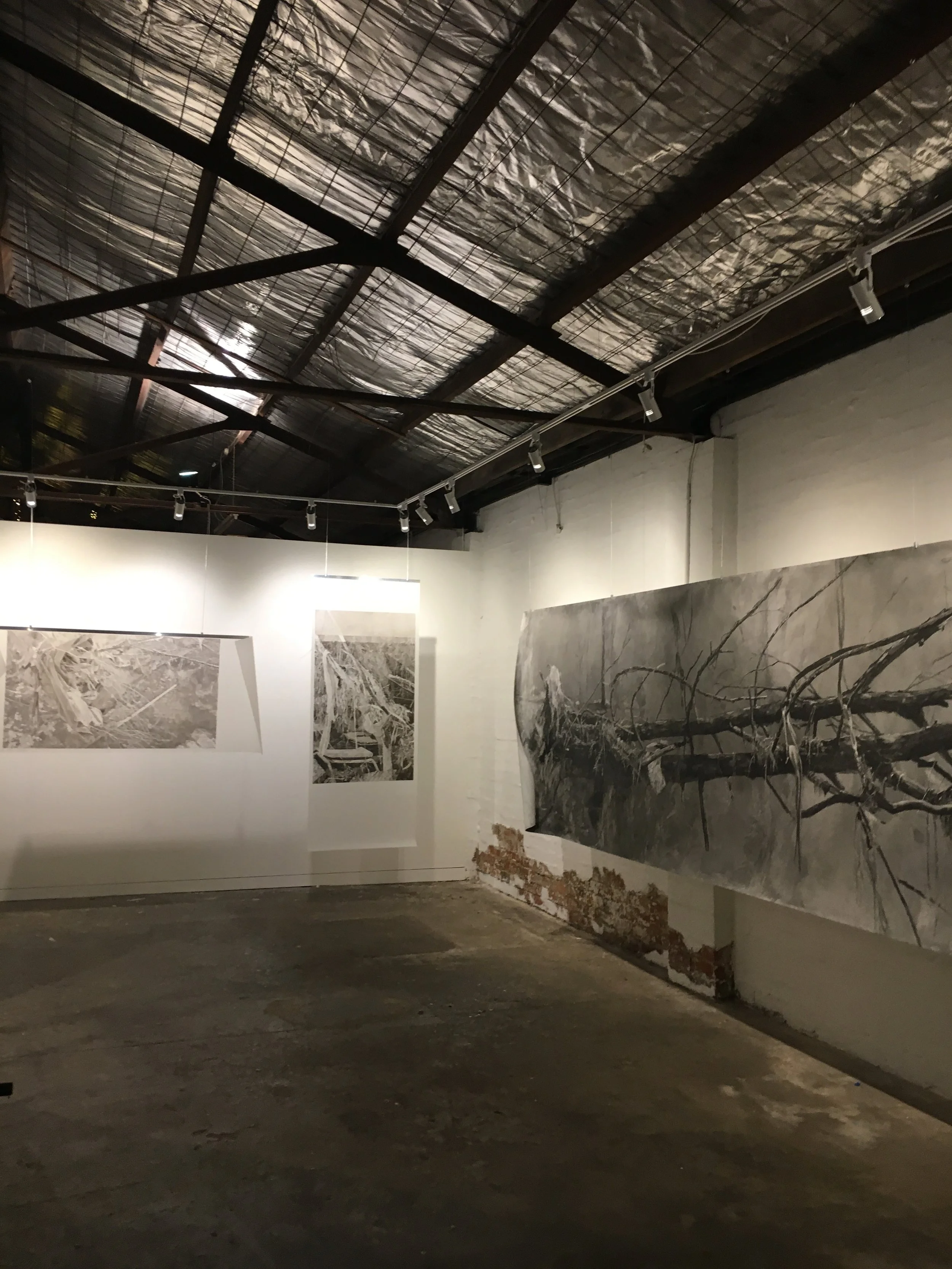 An art gallery with black and white landscape drawings on the wall, spotlight lighting, and an industrial ceiling.