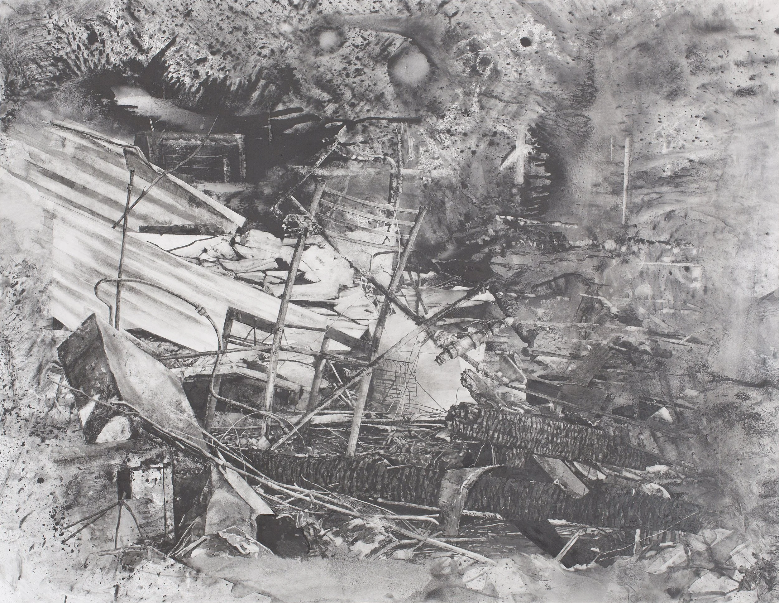 An abstract monochromatic landscape drawing of wreckage, including broken metal sheets and scattered debris, after a fire.
