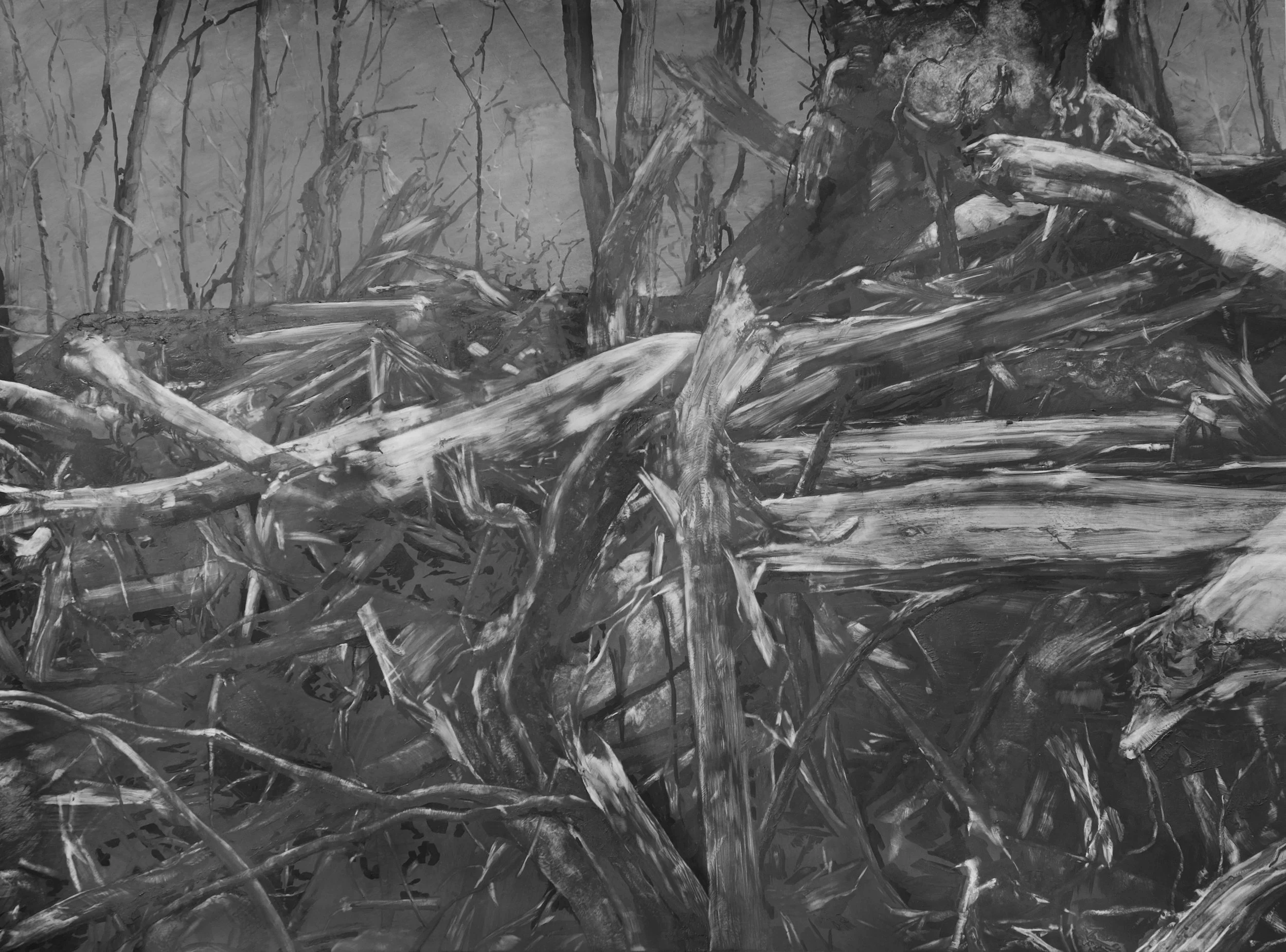 A black-and-white painting of a forest scene with fallen trees and leafless branches.