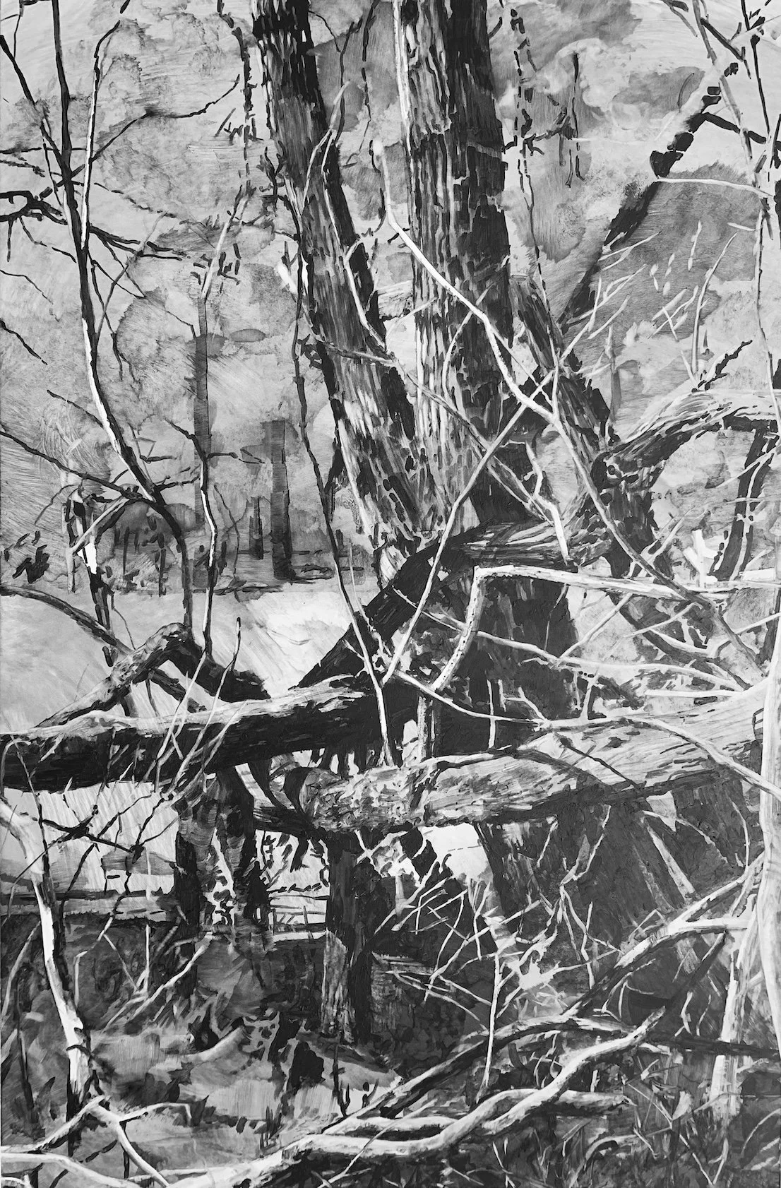 Black and white painting of fallen trees and branches in a forest with a distant view of trees and sky.