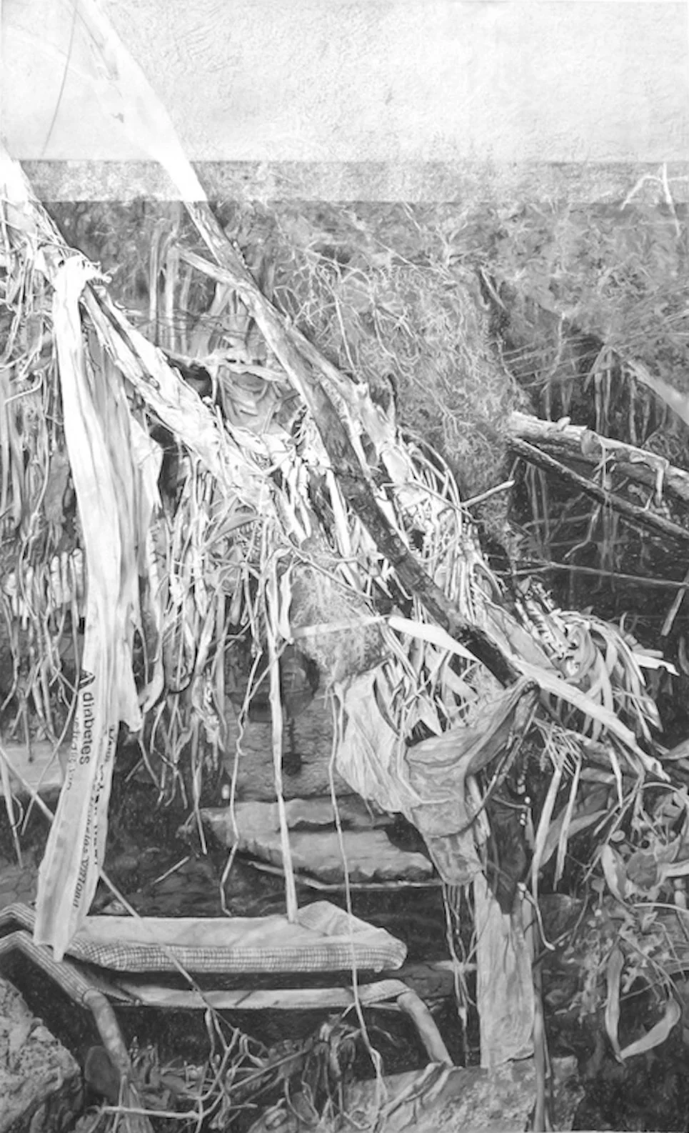 Black and white drawing of a creek bed surrounded by dense vegetation, fallen branchesand discarded household litter.
