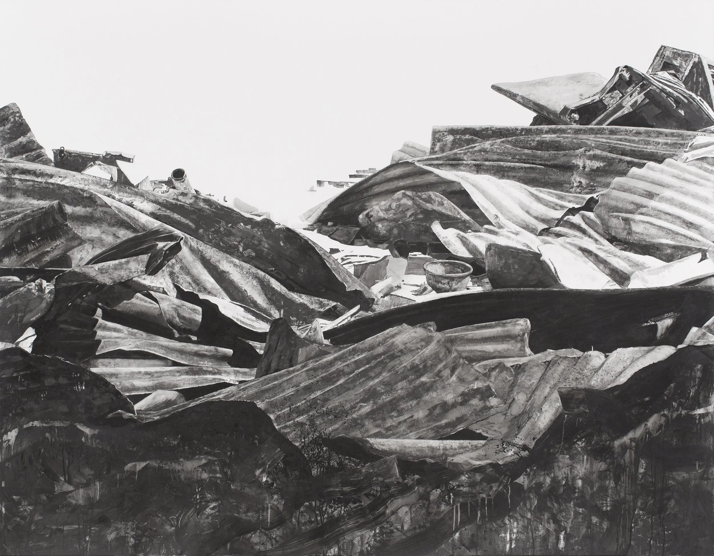 A monochromatic painting of a pile of wrecked and rusted metal sheets, pipes, and debris.
