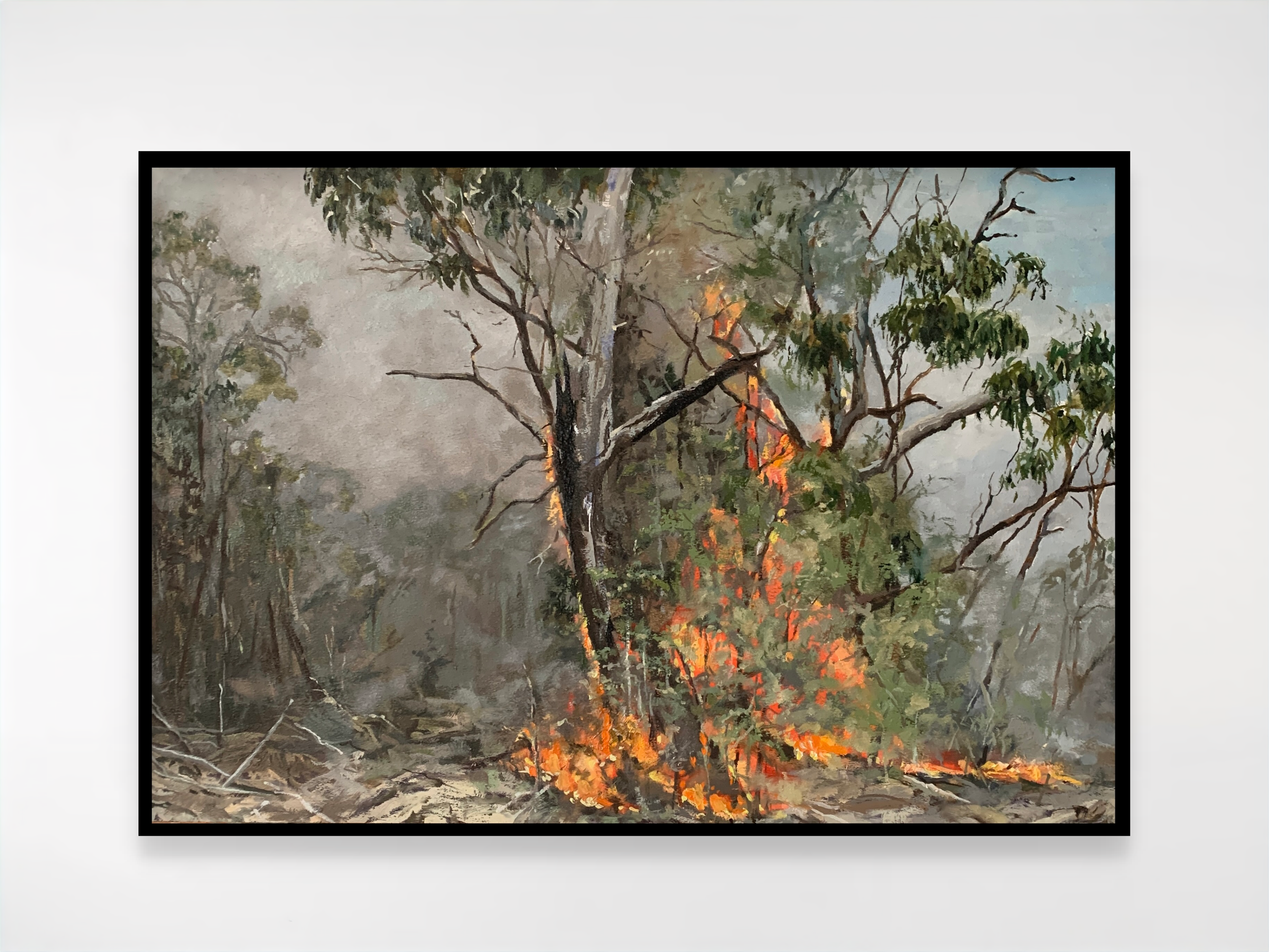 Painting of a tree on fire with orange flames rising from the branches and ground amidst smoke and grey sky.