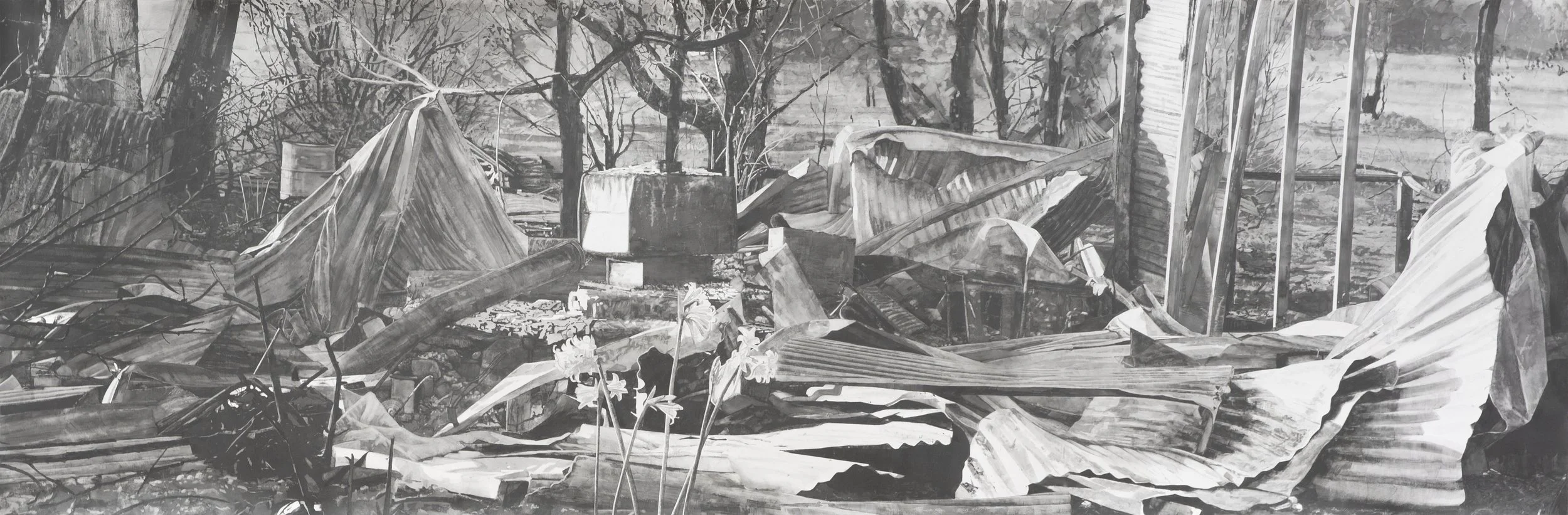 A scene of destruction with debris including twisted and collapsed metal sheets, broken tree branches, and scattered objects in a wooded area.