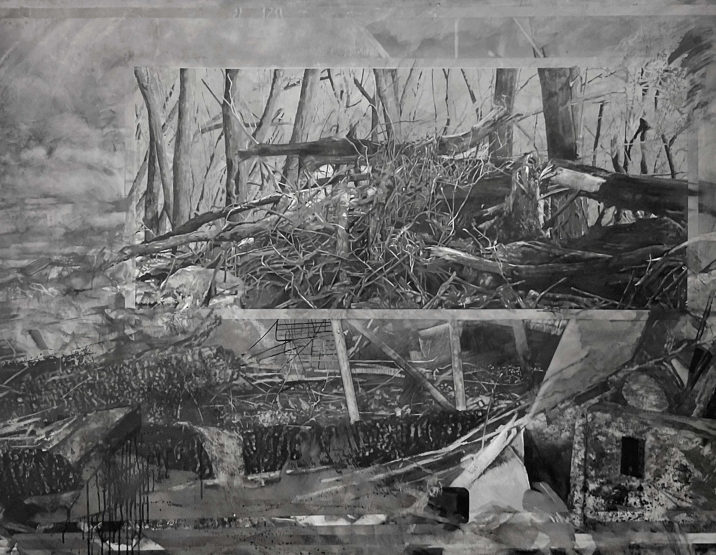 Black and white abstract drawing of a fallen tree across a wooded area with other trees and branches around, in a natural outdoor setting with houshold remnants post fire.