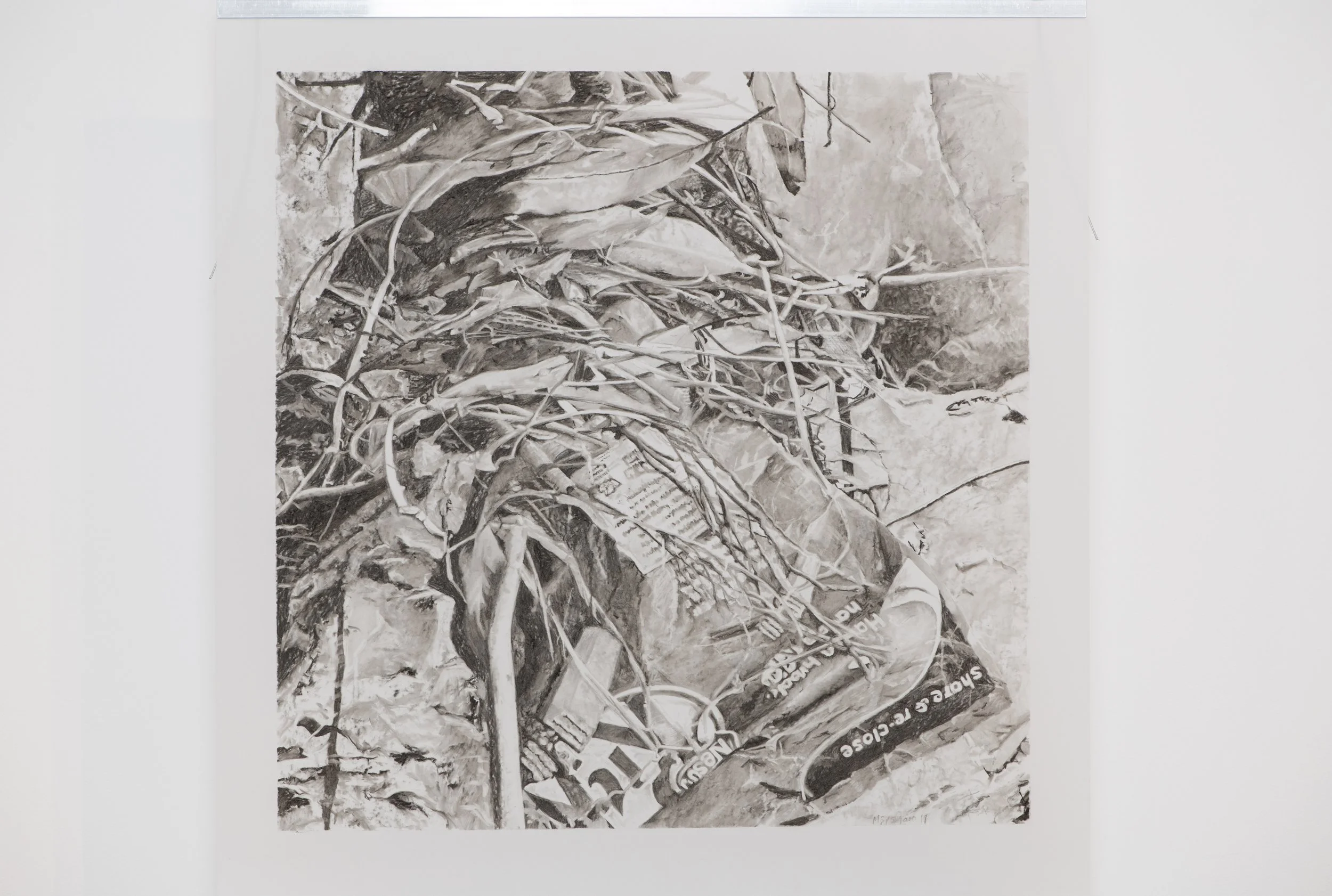 Black and white drawing of a bunch of fallen leaves, twigs, and debris on the ground, with some text and packaging materials partially visible underneath.
