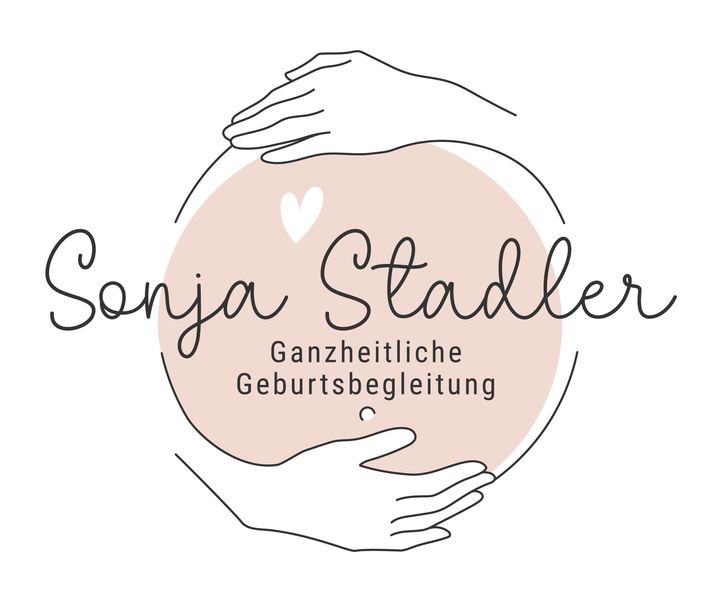 Grafik mit zwei schwarzen Händen, die einen runden, hellrosa Hintergrund halten, darauf steht 'Sonja Stadler Ganzeitliche Geburtsbegleitung' mit einer kleinen weißen Herzsymbol oben.