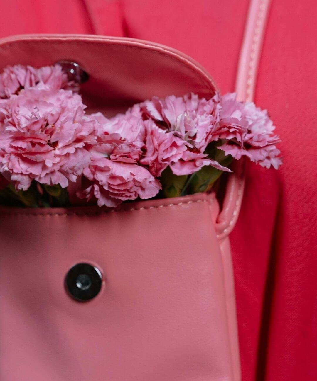 Close-up of pink carnations inside a pink purse with a person wearing a red jacket.
