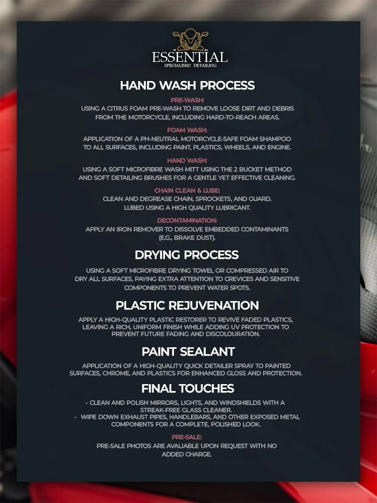 Motorcycle essential detailing package process including hand wash, decontamination and paint sealant at Curated Specialised Detailing Melbourne