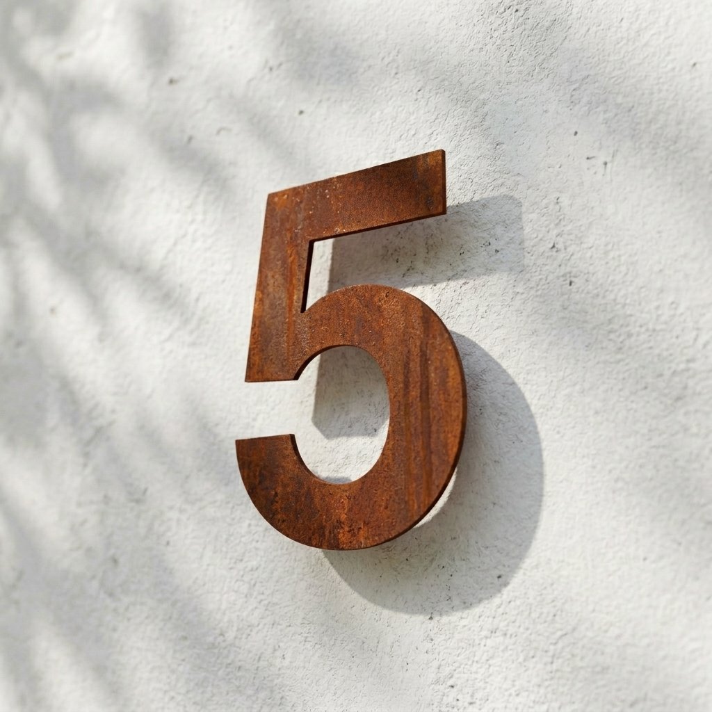 Husnummer 5 i cortenstål med rostad patina
