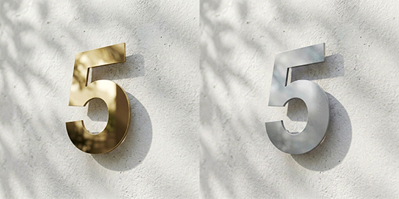 Husnummer 5 i metallic guld och metallic silver