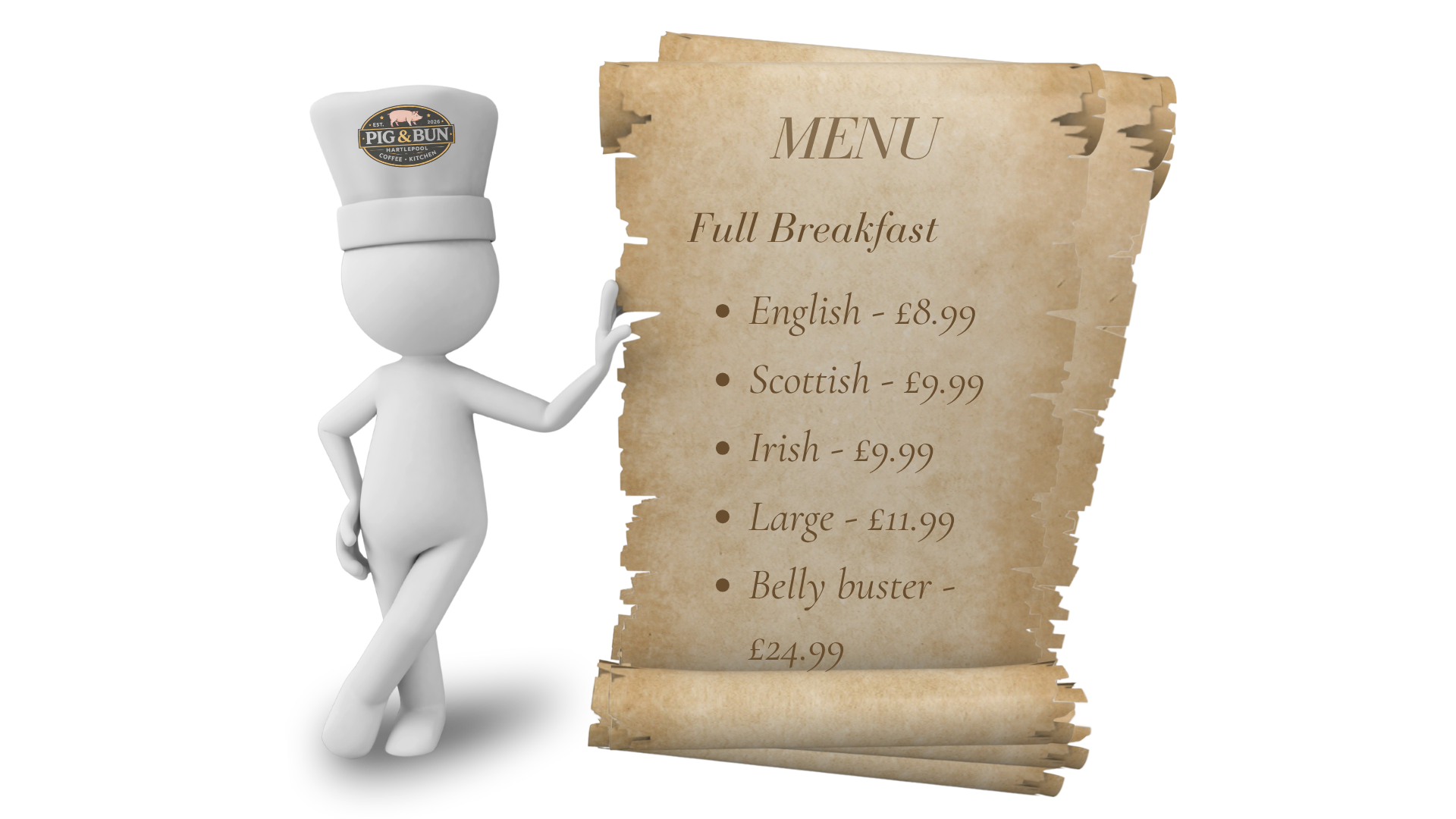 A 3D cartoon figure with a chef's hat featuring a pig and bun logo, standing next to a torn scroll menu with breakfast options and prices.