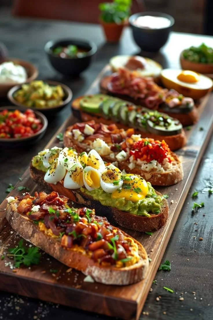 A wooden board with five open-faced toasts topped with various ingredients such as eggs, avocado, and meats, surrounded by small bowls of toppings and garnishes.