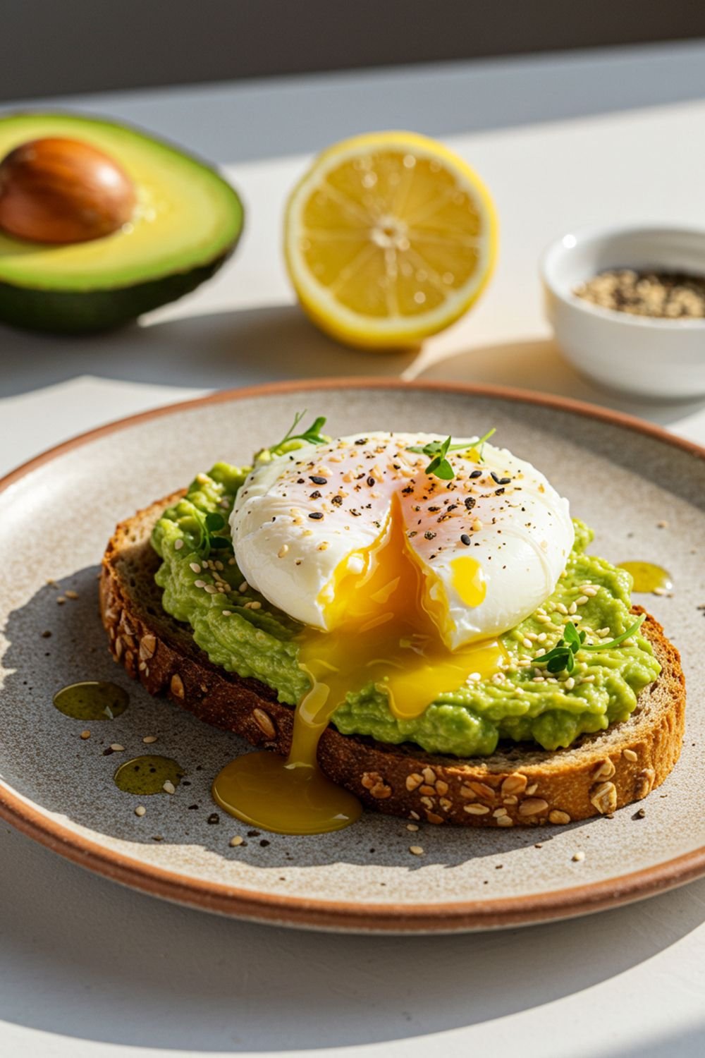 Toasted bread topped with mashed avocado and a poached egg on a ceramic plate, with lemon slices, an avocado half, and a small bowl of seasoning in the background.
