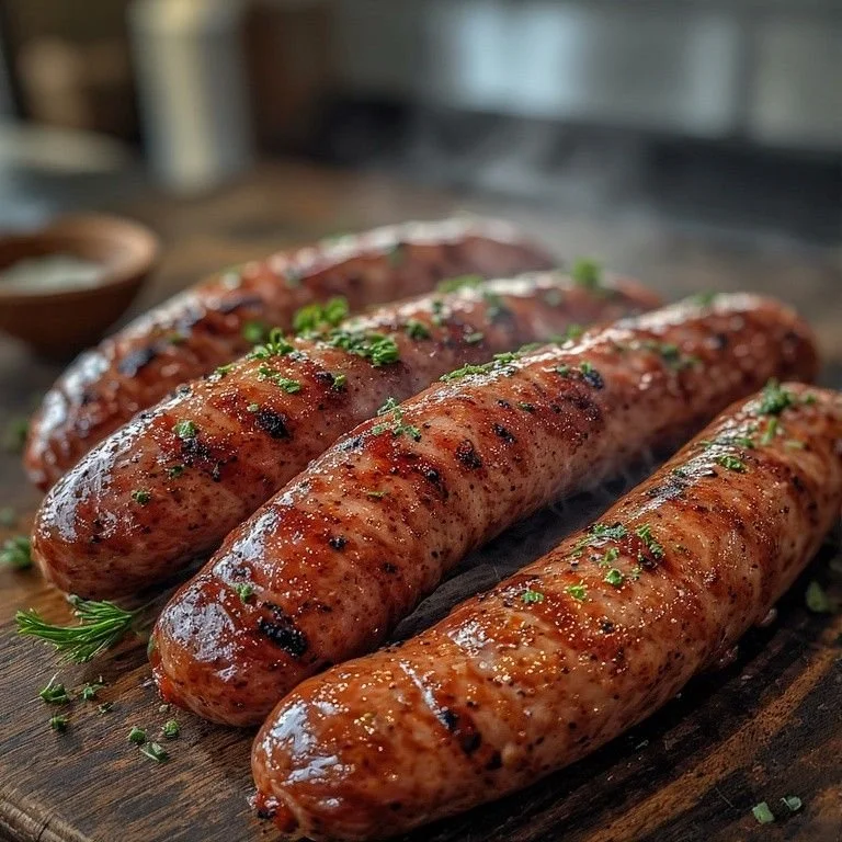 Grilled sausages garnished with chopped herbs on a wooden cutting board.