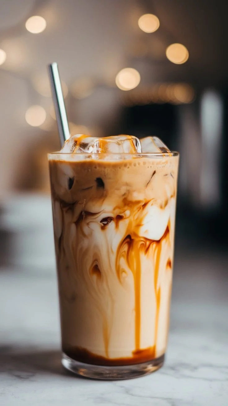 A tall glass of iced coffee with swirls of milk and caramel syrup, a straw, and ice cubes, on a marble surface with blurred background lights.