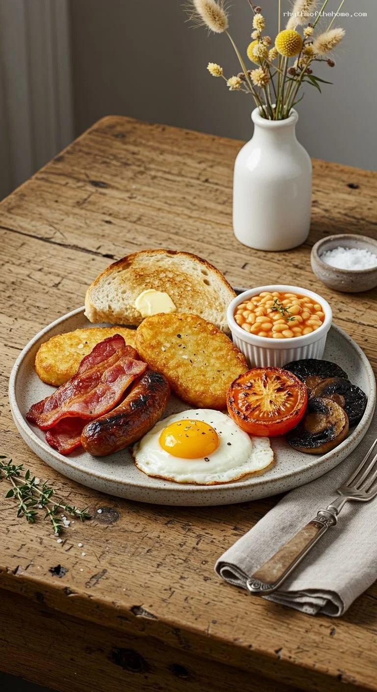 A breakfast plate with a fried egg, bacon, sausage, hash browns, toasted bread with butter, baked tomato, sautéed mushrooms, and baked beans in a white bowl on a wooden table. A small bowl of salt and a vase with dried flowers are in the background.