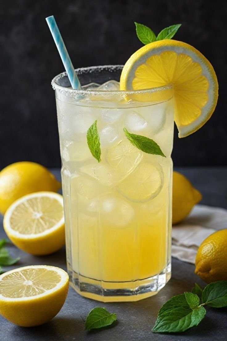 A glass of lemonade garnished with a lemon slice and mint leaves, with whole and halved lemons and additional mint leaves around it on a dark surface.