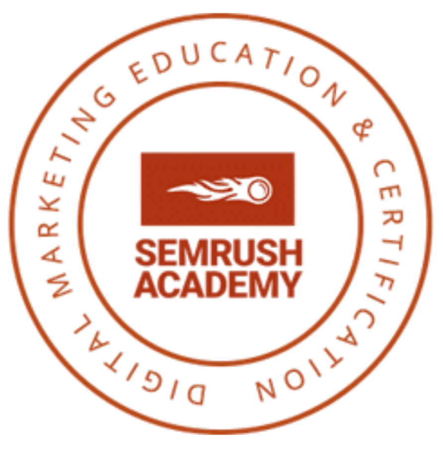Seal with a border reading "Certified by the Semrush Academy" and a central logo with a stopwatch and the text "SEMrush ACADEMY."