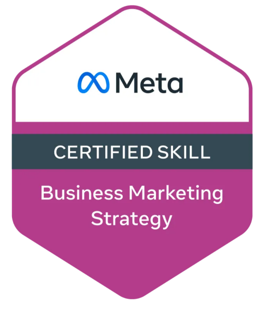 Meta Certified Skill Business Marketing Strategy badge with purple and white design.