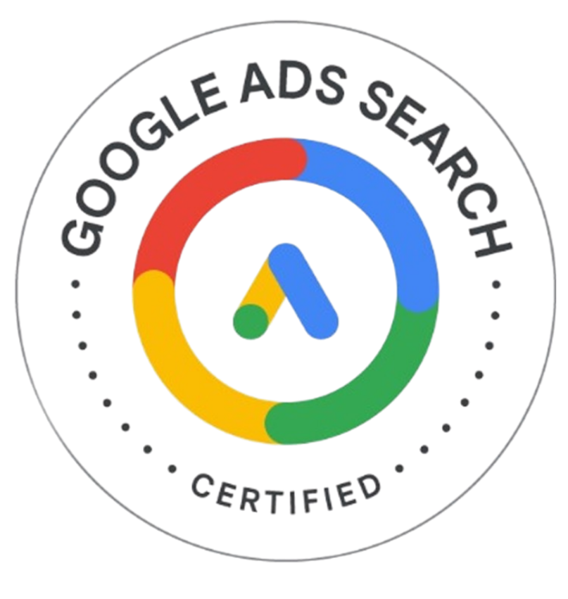 A logo for Google Ads Search certification featuring a circular icon with multicolored segments and a center arrow, surrounded by the text "Google Ads Search" and "Certified".