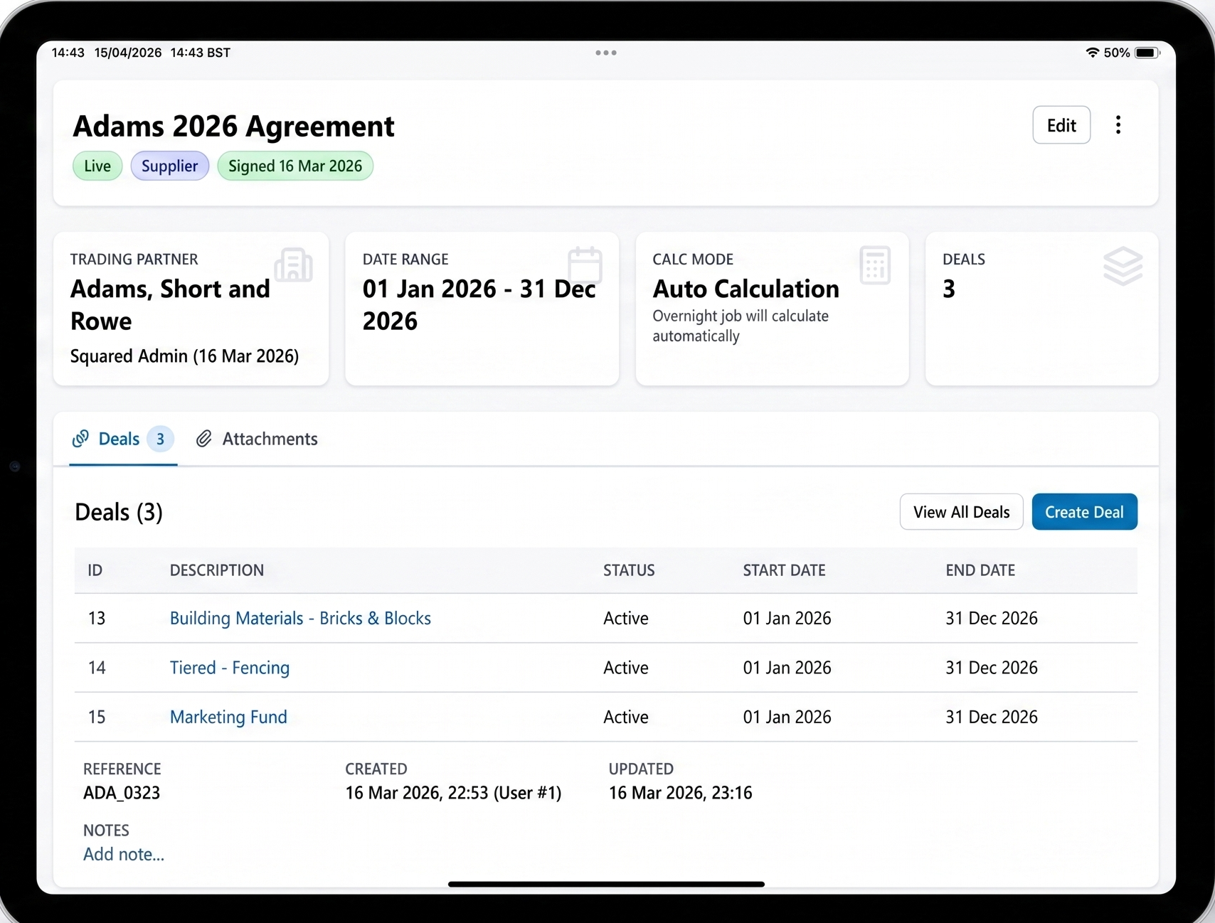 Screenshot of a digital agreement document titled 'Adams 2026 Agreement,' showing status badges, partner details, date range, calculation mode, deals, and notes.