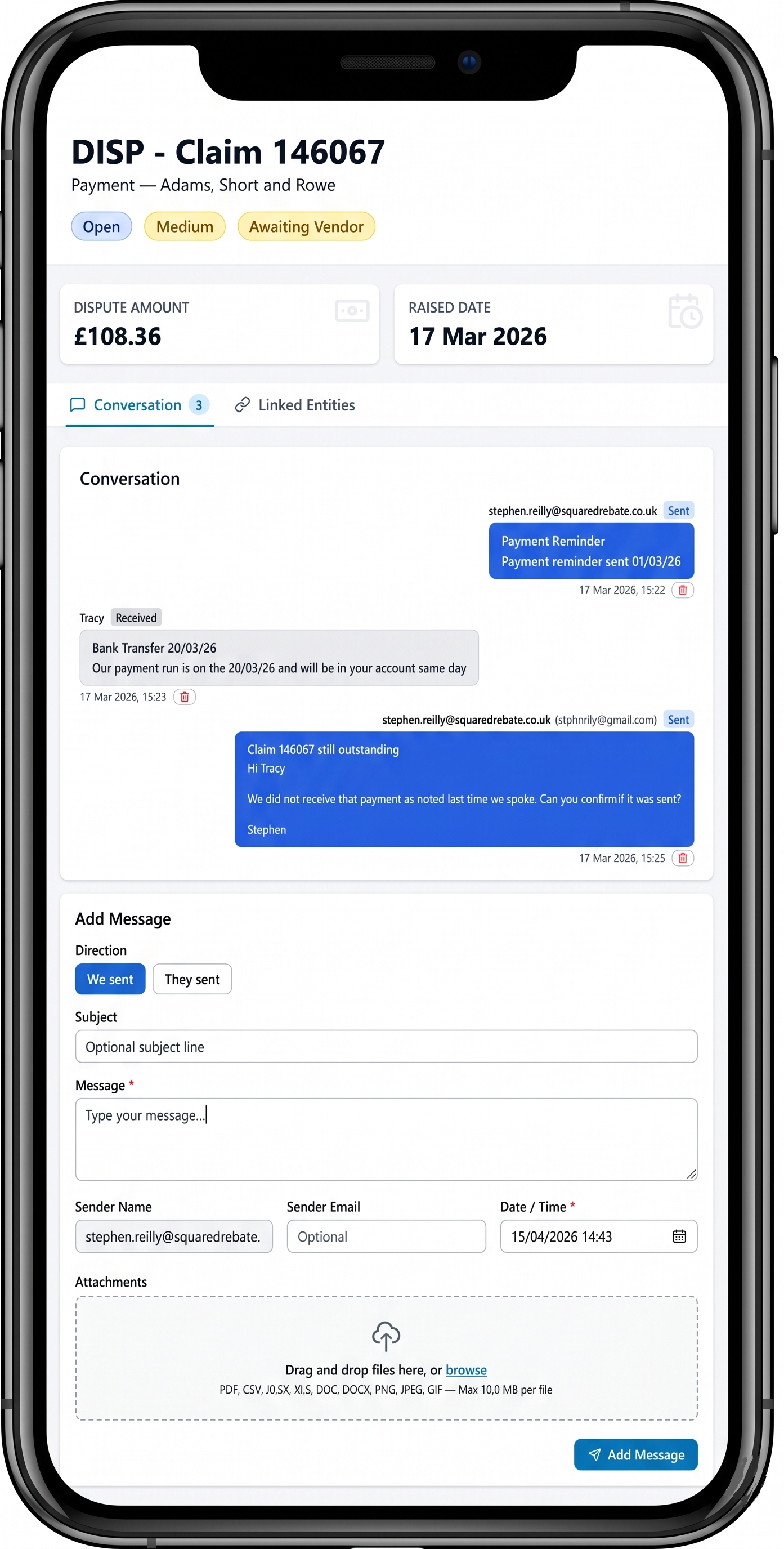 Mobile phone screen displaying a dispute claim management interface with details about a payment dispute, conversation history, and messaging options.