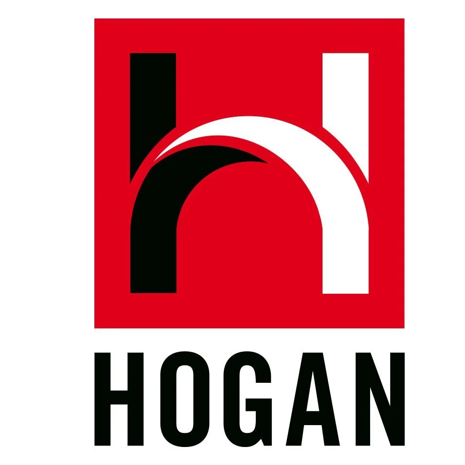Hogan logo featuring a stylized black and white h on a red background with the word Hogan below.