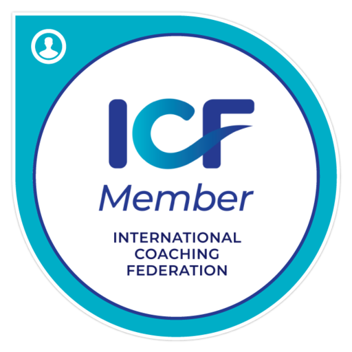 ICF Member badge for the International Coaching Federation with a blue and white circular design.