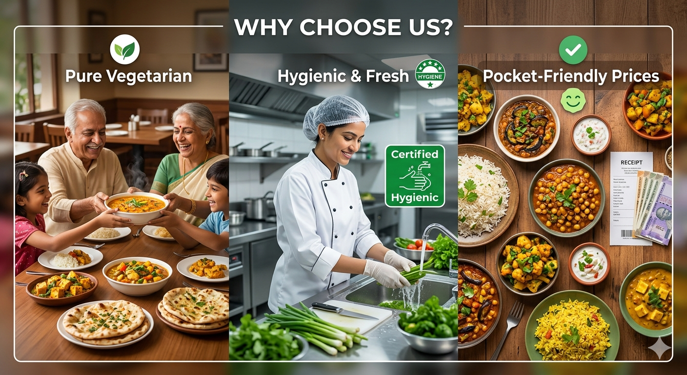 A collage showing three sections: a family enjoying Indian food, a chef washing vegetables in a professional kitchen, and a variety of Indian dishes on a table with a receipt and money, with text promoting vegetarian, hygienic, and affordable options.