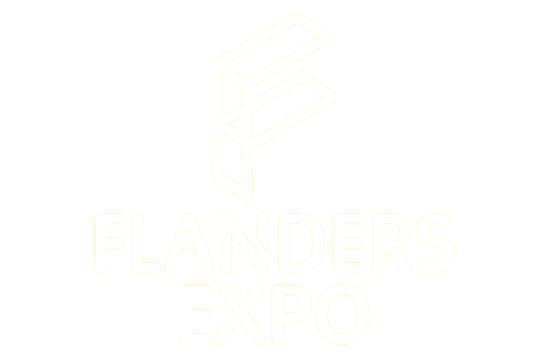Logo blanc avec un dessin 3D en forme de lettre F stylisée et le texte 'Flandres Expo' en dessous, sur fond noir.