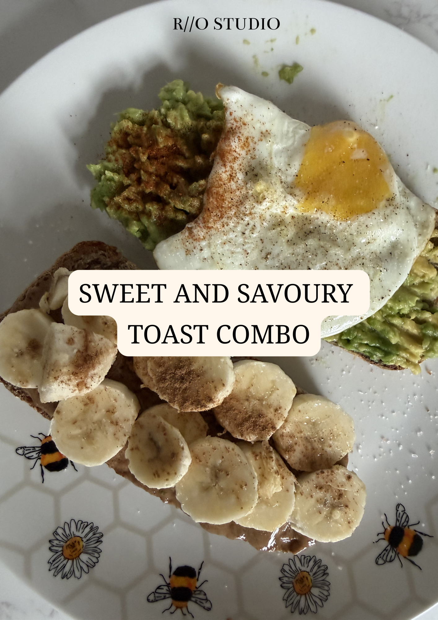 Sweet and savoury toast combo with avocado and an egg and the other with a banana, almond butter and spinkled cinnamon 