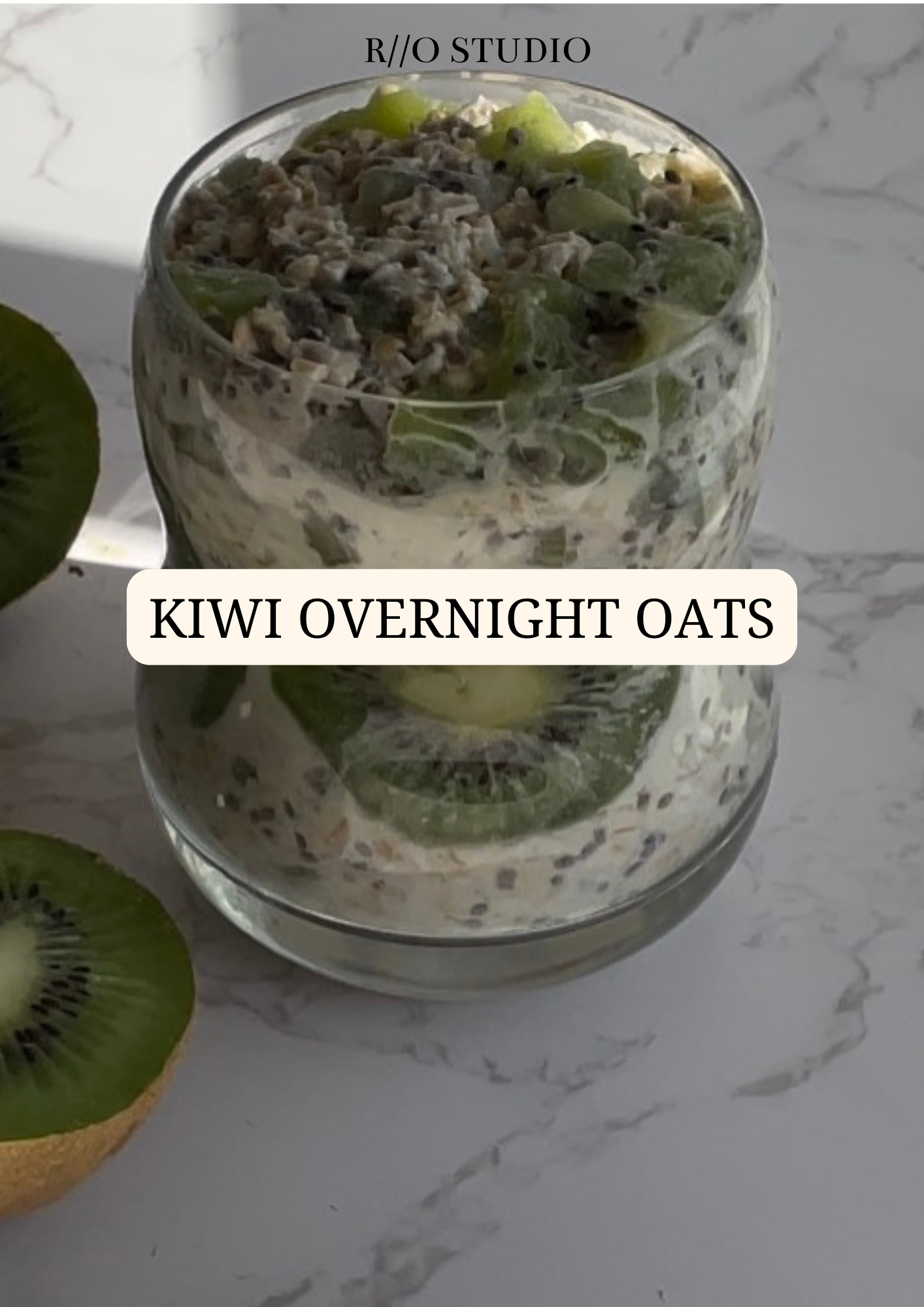 Vitamin C rich kiwi overnight oats topped with almond slices and almond butter and sprinkled with salt and cinnamon 