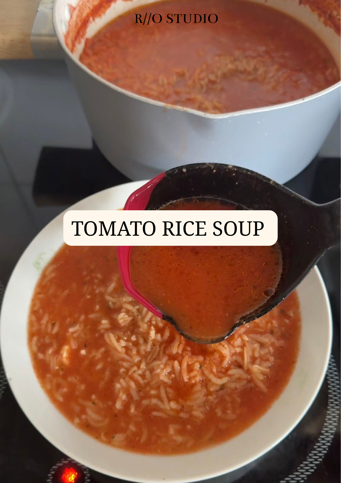 Tomato rice soup served with cooked tomatoes, passata and tomato concentrate served with rice 