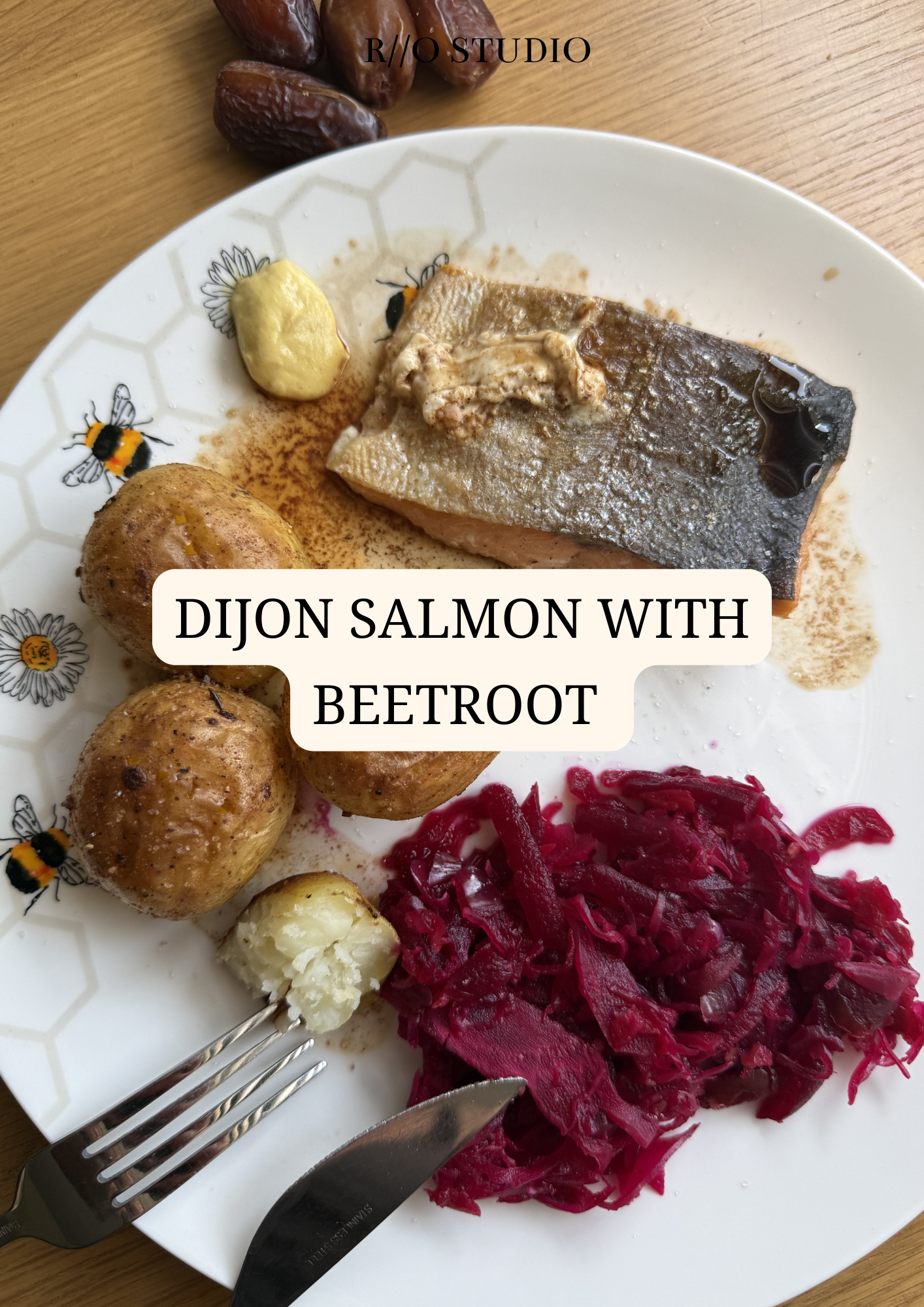 Dijon salmon with beetroot and mashed or roasted potatoes drizzled with balsamic vinegar dressing 