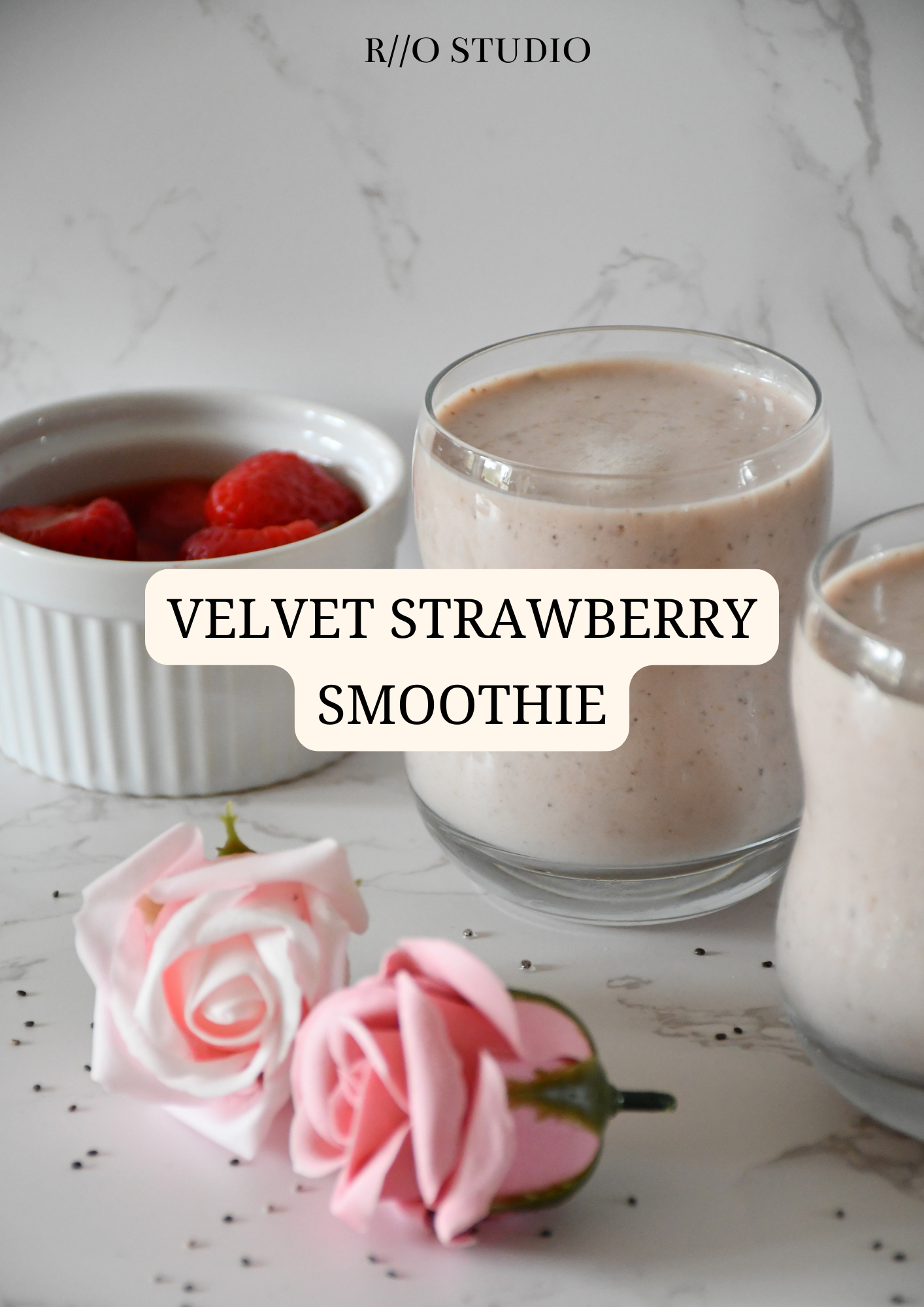 Velvet strawberry smoothie with banana, protein powder and chia seeds 
