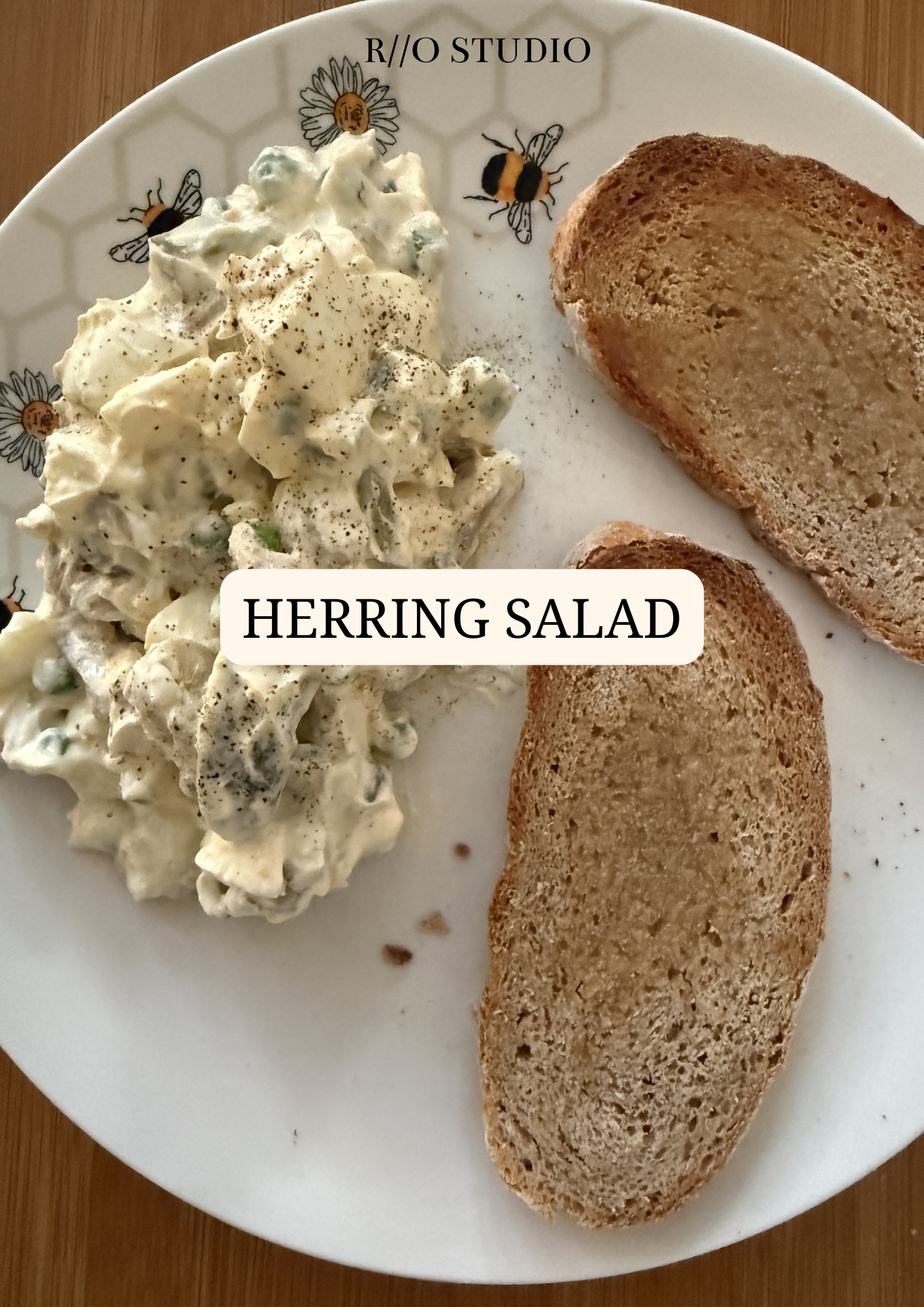 Herring salad with fermented mushrooms, gherkins and probiotic yogurt with fermented herring fillets
