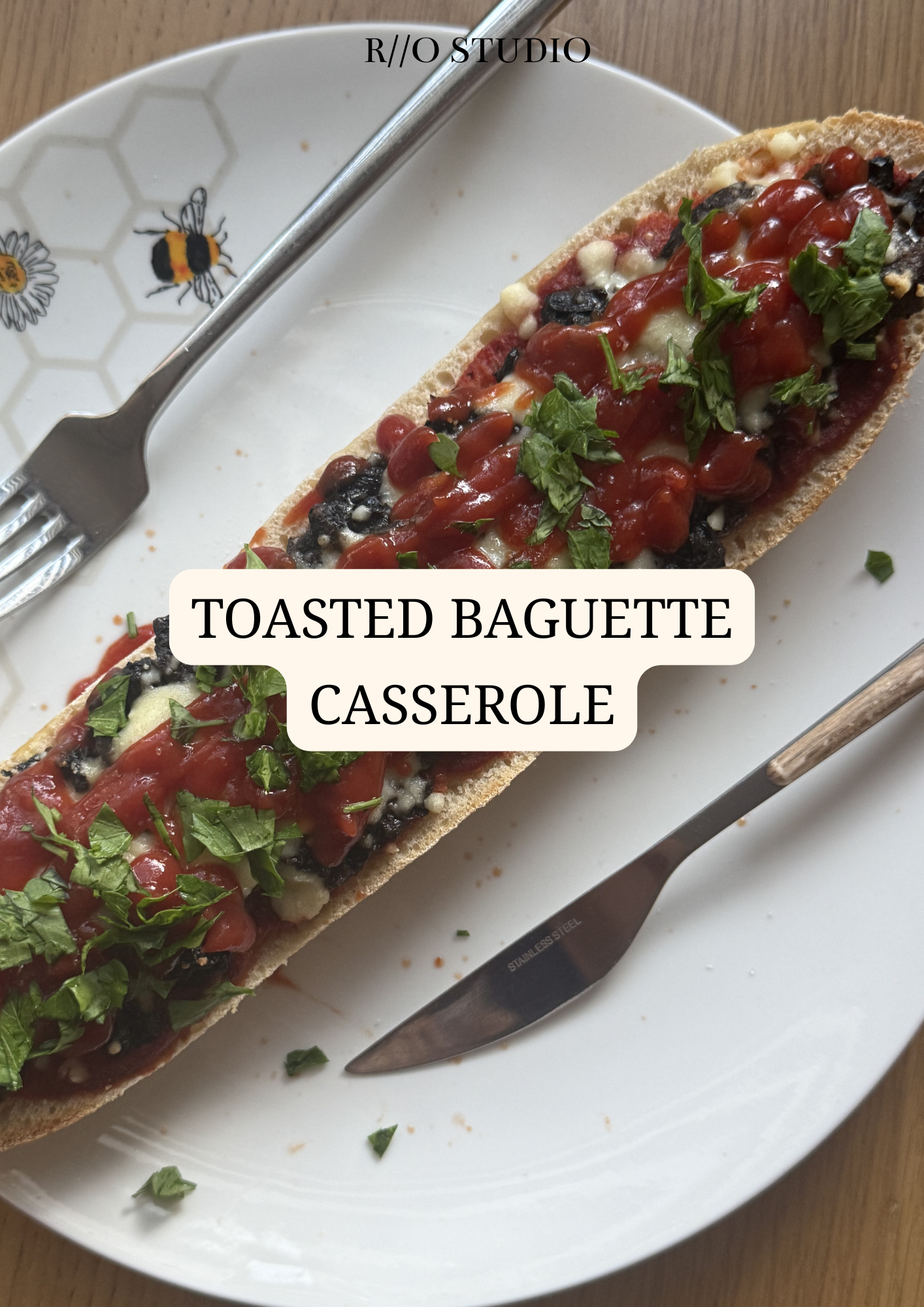 Toasted baguette casserole with a mushroom, onion and cheese filling served with chopped parsley 