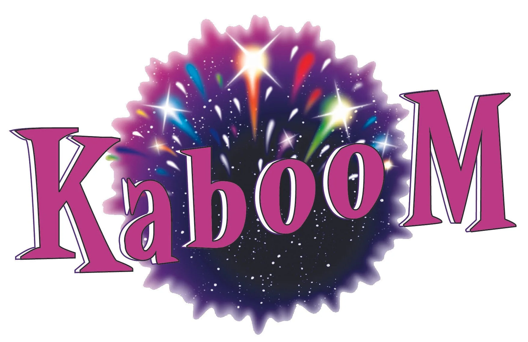 Colorful fireworks burst behind the word 'Kaboom' written in large, purple letters with a black outline.