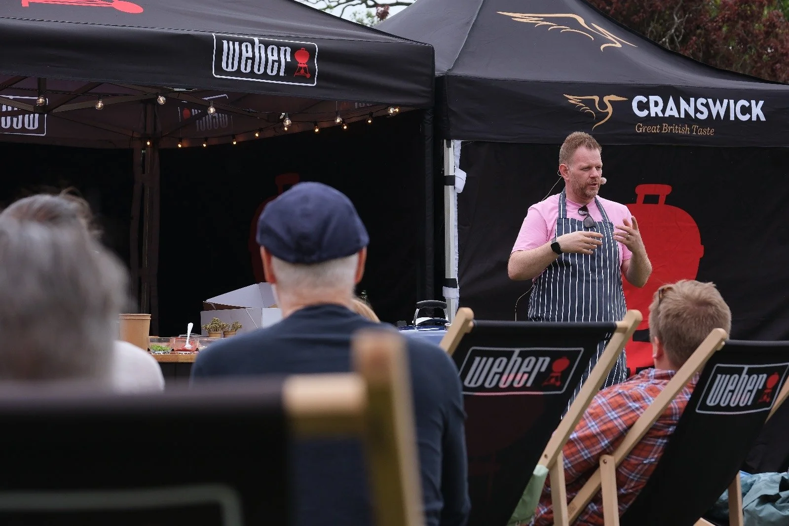 Man giving a presentation outdoors at The Whole Hog BBQ competition, wearing a pink shirt, striped apron, and headset microphone, with an audience seated on chairs with logos, under black tents with various logos.