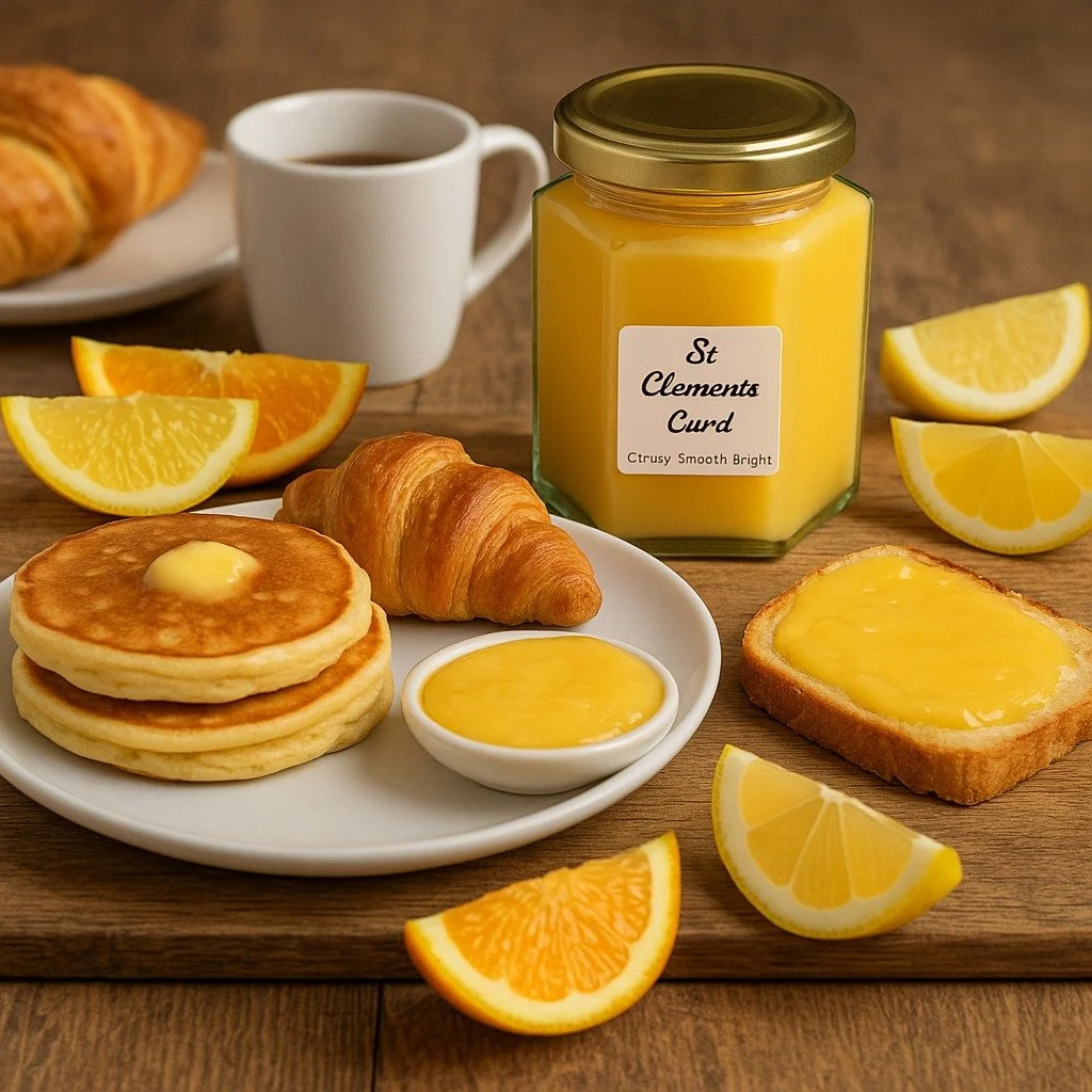A breakfast scene with scones, croissant, lemon curd, orange and lemon slices, a small bowl of lemon curd, a jar of lemon curd labeled 'St Clements Curd', and a cup of coffee on a wooden table.