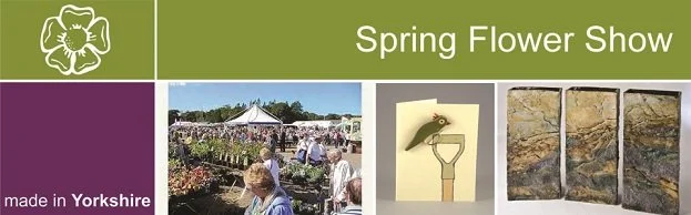 Banner for the Spring Flower Show at Harrogate, featuring an outdoor garden scene, a hummingbird art piece, and a display of rocks or fossils, with the Made in Yorkshire logo.