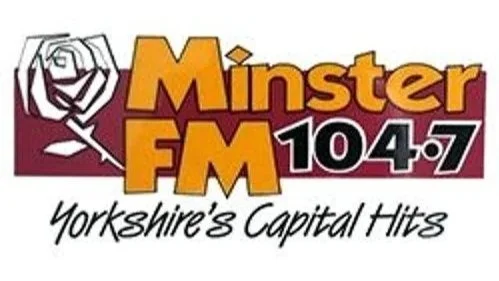 Logo of Minster FM, a former North Yorkshire radio station with frequency 104.7, featuring a rose graphic and the tagline "Yorkshire's Capital Hits."