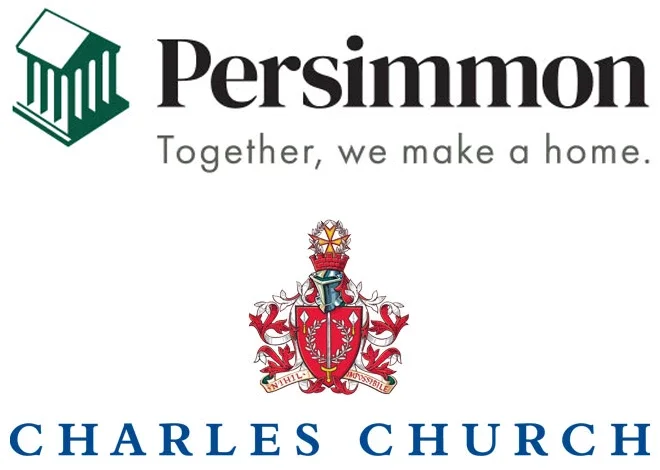 Logo of Persimmon Housing with the tagline "Together, we make a home." and the Charles Church logo below, featuring a red shield with a sword and a crown.