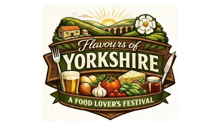 Illustration of a festival poster for 'Flavours of Yorkshire,' featuring a landscape with a sun rising over hills, a stone bridge, a farmhouse, and a large flower. The poster displays images of beer, cheese, garlic, tomatoes, and vegetables, with a fork and knife, and the text 'A Food Lover's Festival'.